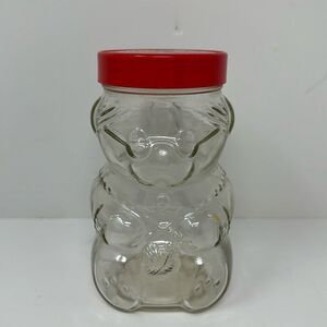 Vtg 6" Kraft Mother Grandma Knitting Bear Peanut Butter Jar Glass Red Lid